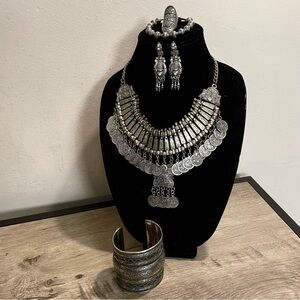 BOHEMIAN Silver-Tone TIBETAN Statement NECKLACE CUFF RING EARRINGS Tribal SET